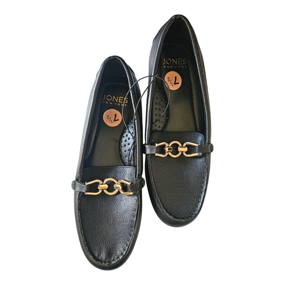 NEW Jones New York Women's Black Leather Gold Chain Loafers Size 7.5